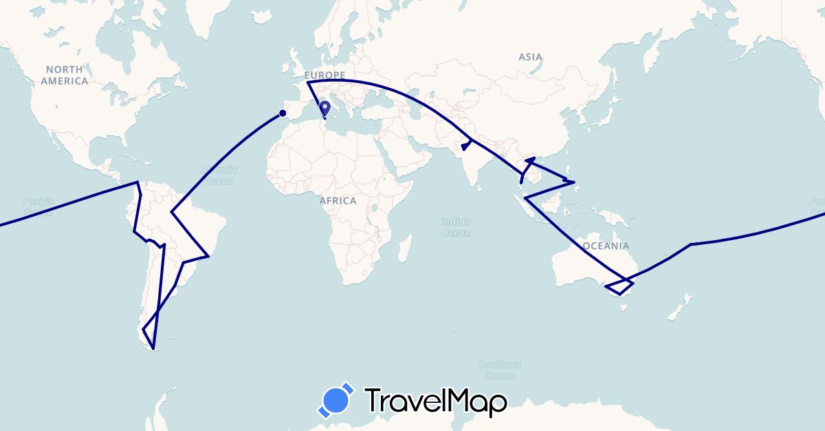 TravelMap itinerary: driving in Argentina, Australia, Bolivia, Brazil, Colombia, Fiji, France, India, Laos, Malaysia, Peru, Philippines, Portugal, Thailand, Tunisia, Vietnam (Africa, Asia, Europe, Oceania, South America)